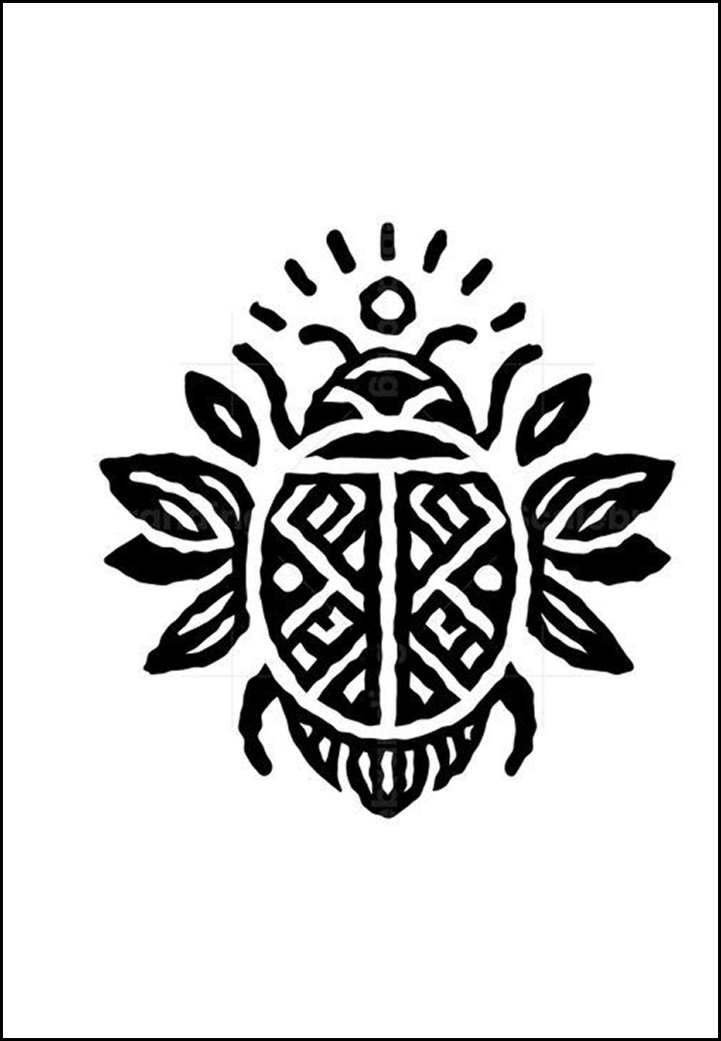 A Warli-style block print of a beetle beneath a rayed sun.