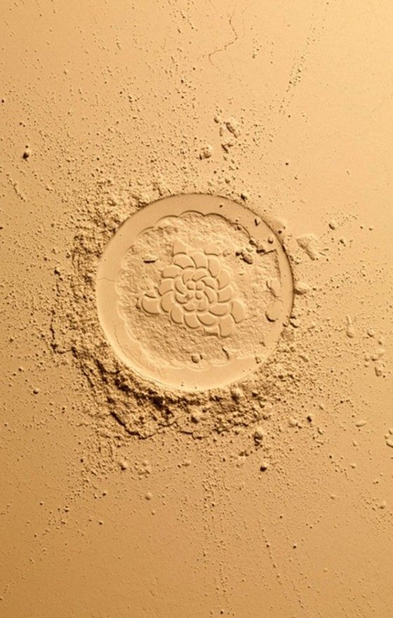 A pressed floral motif stamped into fine ubtan powder.